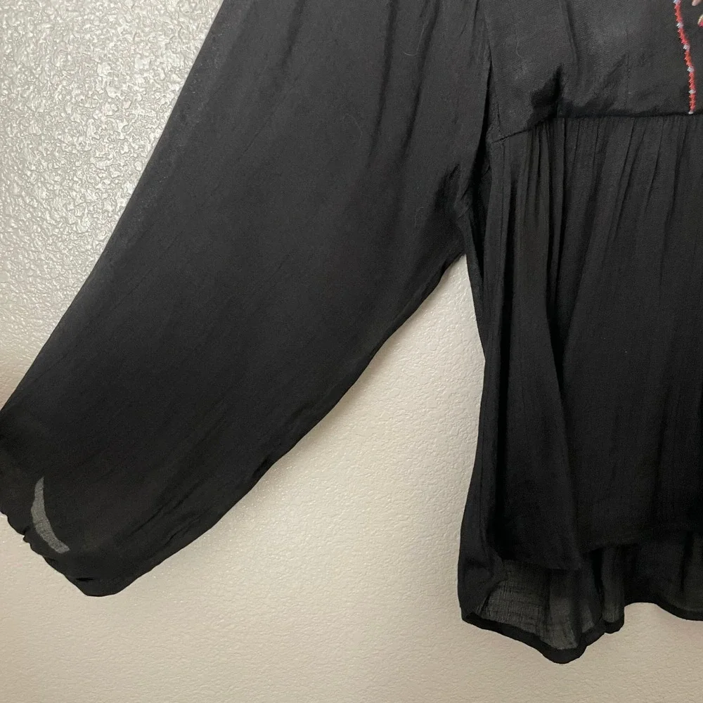 Umgee Top Womens 1XL Black Floral Embroidered Babydoll Blouse Boho Cottagecore - Picture 7 of 12